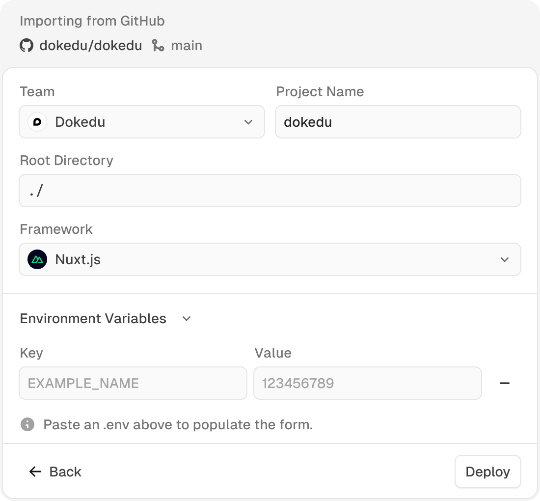 GitHub repository import flow with team and framework selection