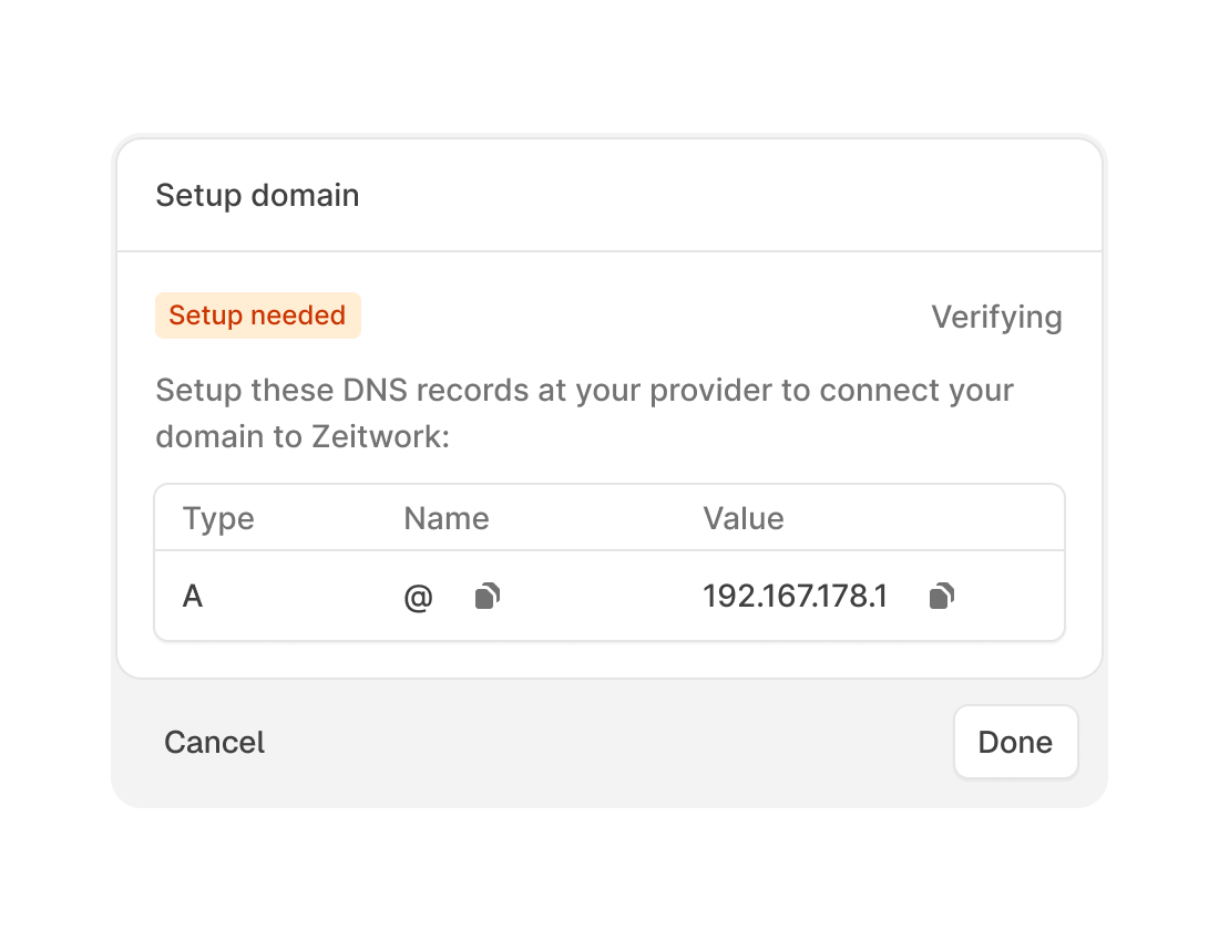 Domain setup dialog with DNS record configuration